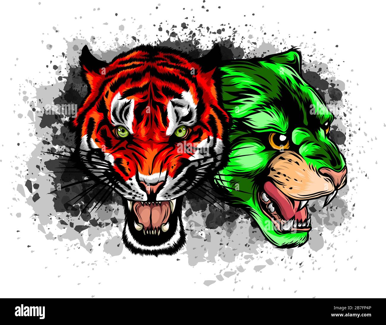 Lion et Tigre grogne en face de l'autre, ouvrez une bouche aigri, canines, hand drawn doodle, sketch dans un style pop art, vector illustration Illustration de Vecteur
