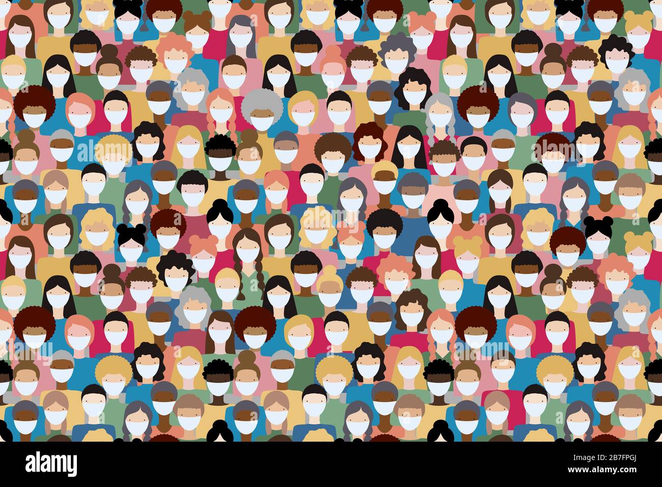 Grande foule de personnes diverses portant des masques pour empêcher la propagation des virus. Illustration vectorielle globale du concept de pandémie du virus corona. Répétition transparente. Illustration de Vecteur