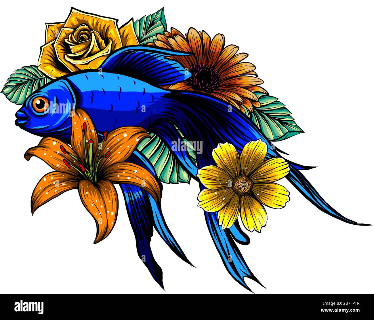 Illustration vectorielle de tatouage de poisson Koi. Design art Illustration de Vecteur