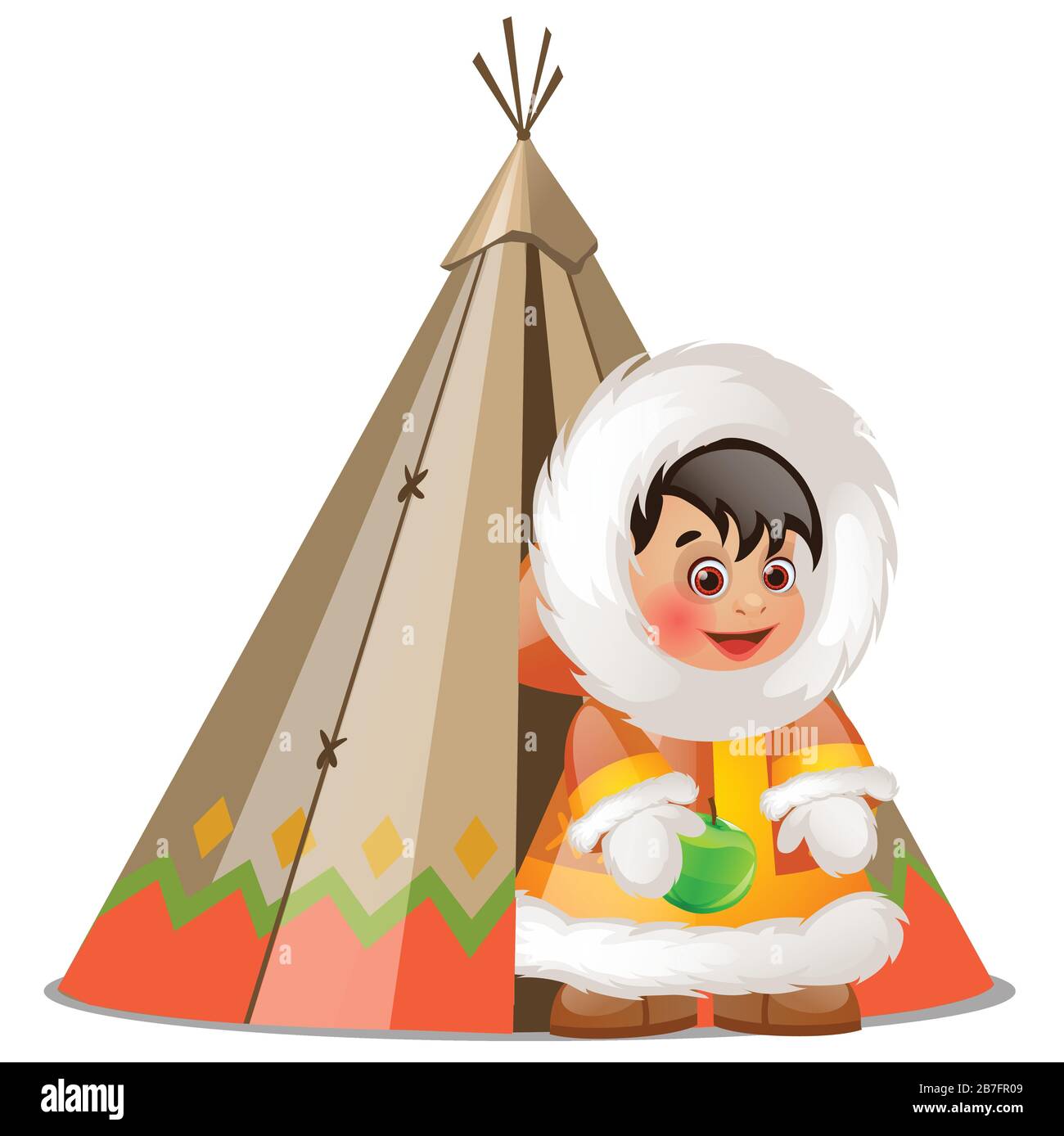 Bébé inuit tenant une pomme verte et une tente d'été faite de peaux de phoque isolées sur fond blanc. Illustration de gros plan de la bande dessinée vectorielle. Illustration de Vecteur