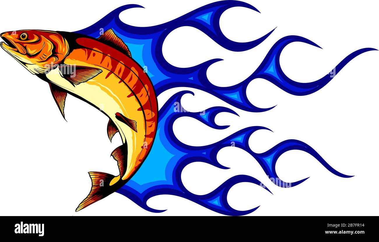 Sautant le poisson de saumon dans le style rétro isolé sur fond blanc, tel un logo. Illustration de Vecteur