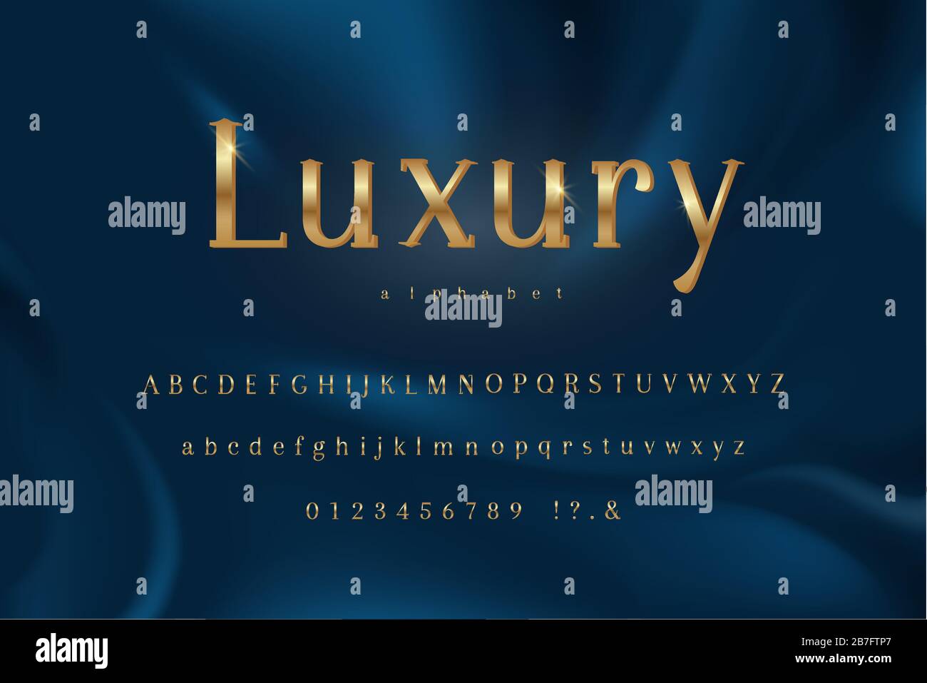 Police de luxe à thème doré avec majuscules minuscules et chiffres sur fond bleu foncé Illustration de Vecteur