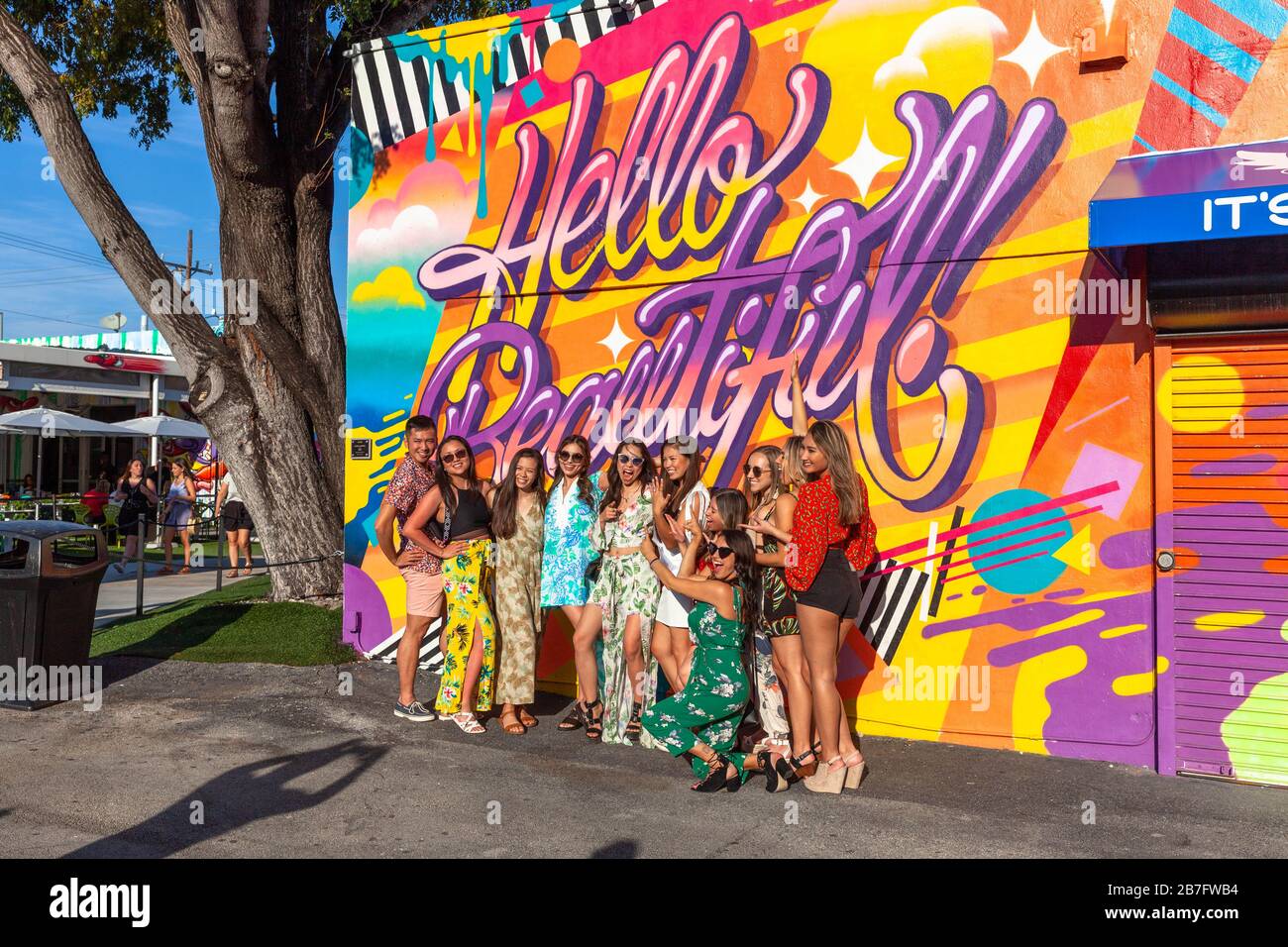 Un groupe de jeunes font une pose pour une photo à côté d'un graffiti coloré, Wynwood Walls, Wynwood Art District, Miami, Floride, États-Unis. Banque D'Images