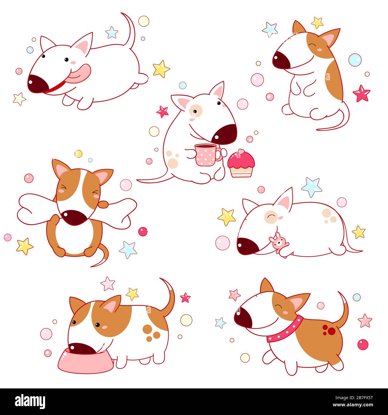 Ensemble de mignons terriers de caricature bull dans différentes poses. Isolé sur fond blanc. Collection de drôle de chiens heureux - courir, manger, assis, dormir, Illustration de Vecteur
