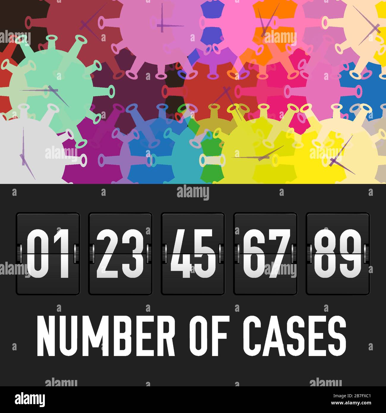 Concept de lutte contre l'épidémie de coronavirus. Le temps est écoulé, arrière-plan coloré. Nombre de cas compteur analogique. Nouveau coronavirus 2019-nCoV. Vecteur malade Illustration de Vecteur