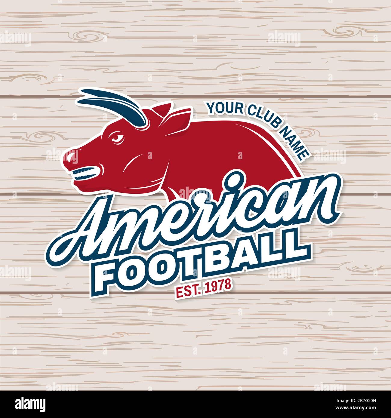 Autocollant de football américain ou de club de rugby, patch. Vecteur. Concept pour chemise, logo, imprimé, cachet, tee-shirt, patch. Design typographique vintage avec silhouette de joueur sportif bull Illustration de Vecteur