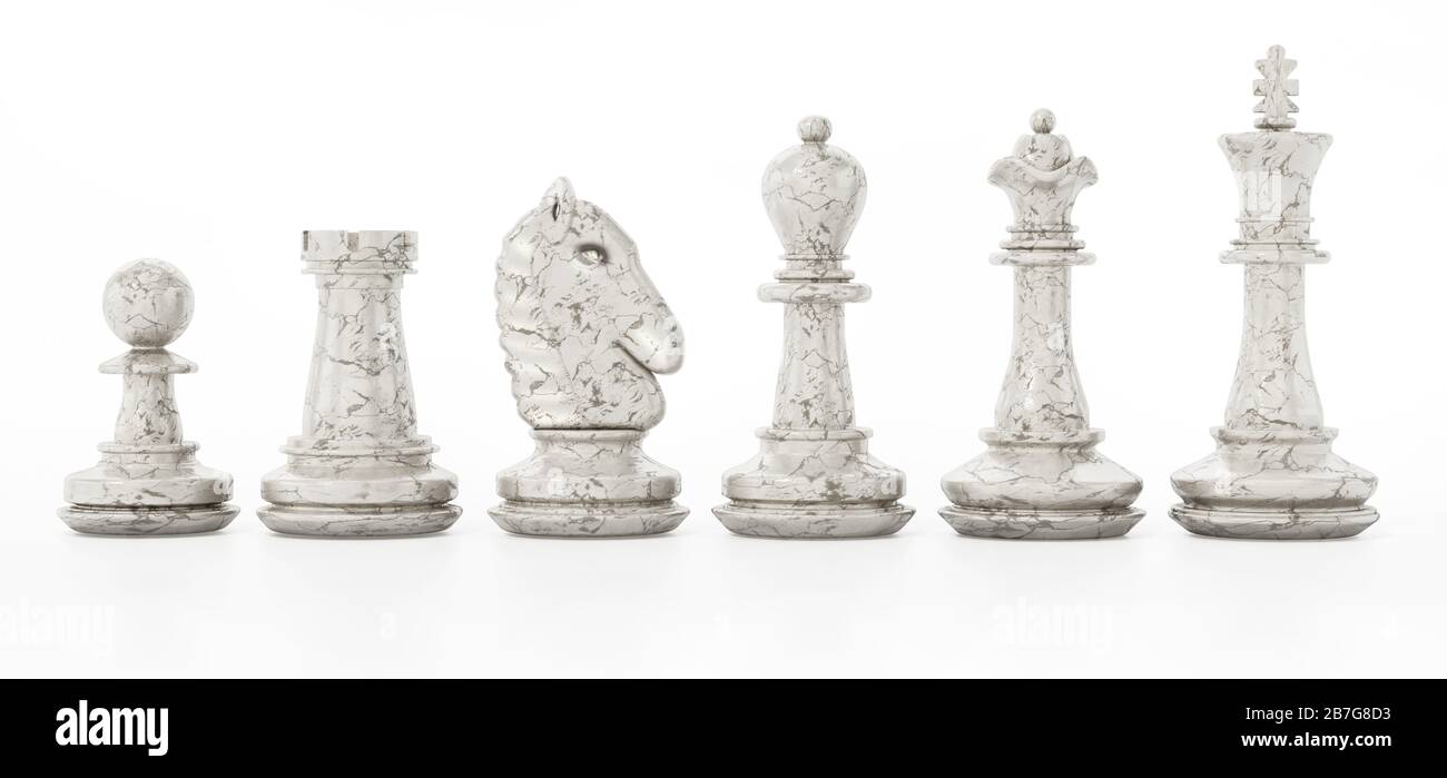 Pièces d'échecs blanches isolées sur fond blanc. Illustration tridimensionnelle. Banque D'Images