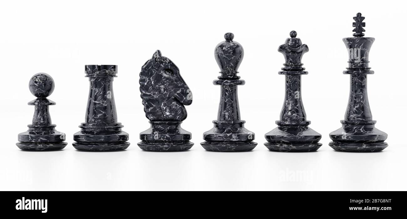 Pièces d'échecs noires isolées sur fond blanc. Illustration tridimensionnelle. Banque D'Images