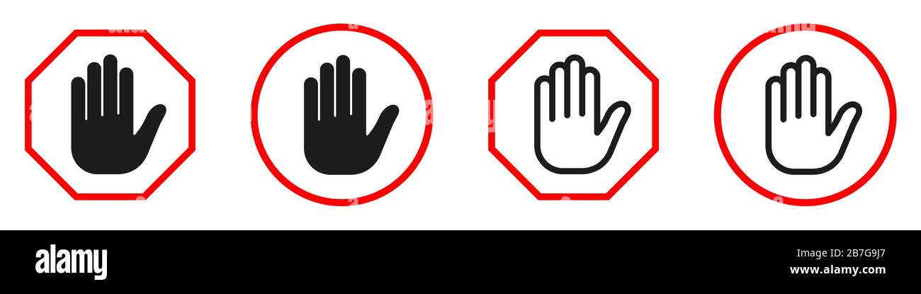 Signes interdits à la main. Ensemble de signes de blocage avec icône manuelle. Illustration vectorielle. Panneau d'arrêt. Aucun signe d'entrée isolé. Illustration de Vecteur