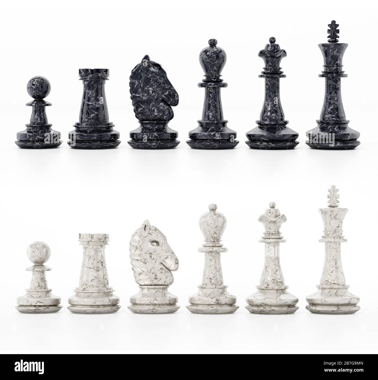 Pièces d'échecs blanches et noires isolées sur fond blanc. Illustration tridimensionnelle. Banque D'Images