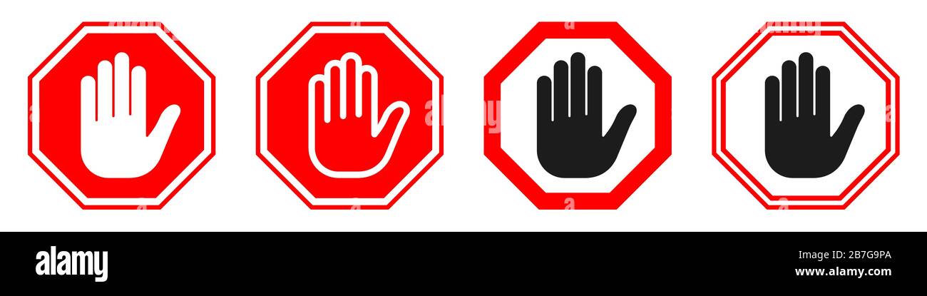 Signes hexagonaux interdits à la main. Jeu de signes de blocage rouges avec icône manuelle. Illustration vectorielle. Panneau d'arrêt. Aucun signe d'entrée isolé. Illustration de Vecteur