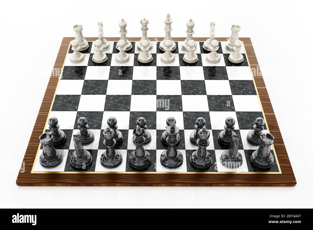 Chessboard avec pièces d'échecs noir et blanc isolées sur fond blanc. Illustration tridimensionnelle. Banque D'Images