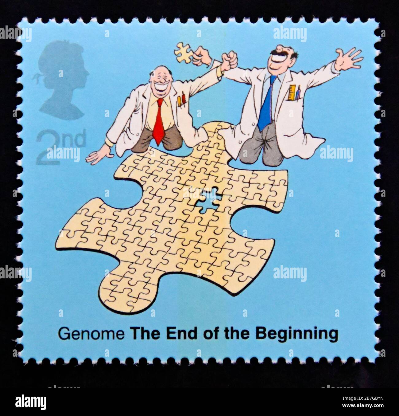Timbre-poste. Grande-Bretagne. La reine Elizabeth II 50ème anniversaire de la découverte de l'ADN. Terminer le Jigsaw de génome. 2ème. 2003. Banque D'Images