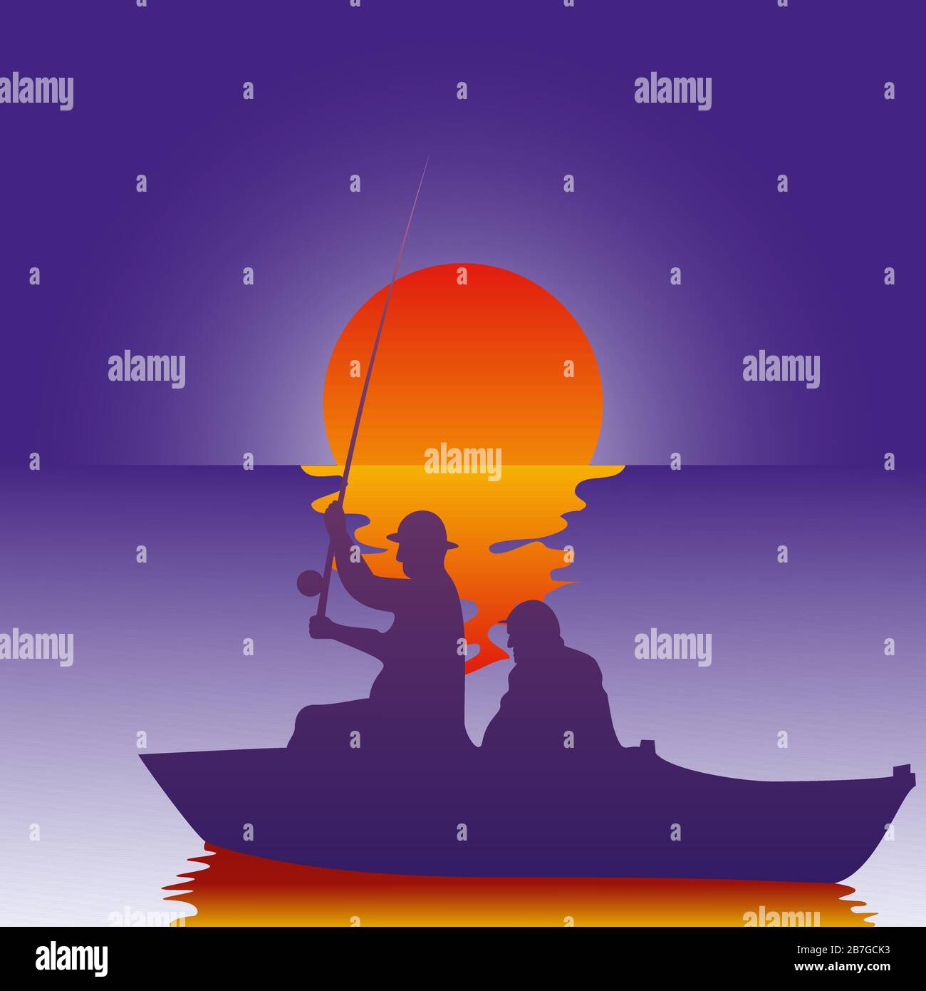 Illustration vectorielle contexte pêcheur sur le bateau poissons au coucher du soleil. Pêche au lever du soleil. Illustration de Vecteur