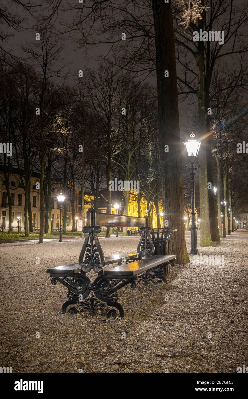 La Haye - 18 février 2019 : la Haye, Pays-Bas. Parc avec banc et lanternes de rue vintage à la Haye au crépuscule, exposition longue, humide Banque D'Images