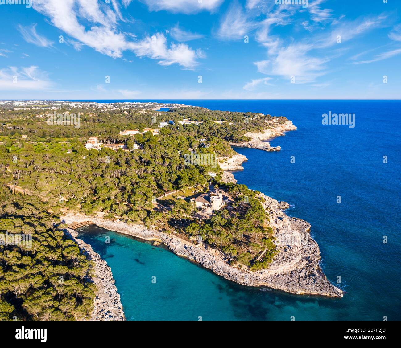 Calo des Borgit, Parc naturel de Mondrago, près de Santanyi, vue aérienne, région de Migjorn, Mer méditerranée, Majorque, Iles Baléares, Espagne Banque D'Images