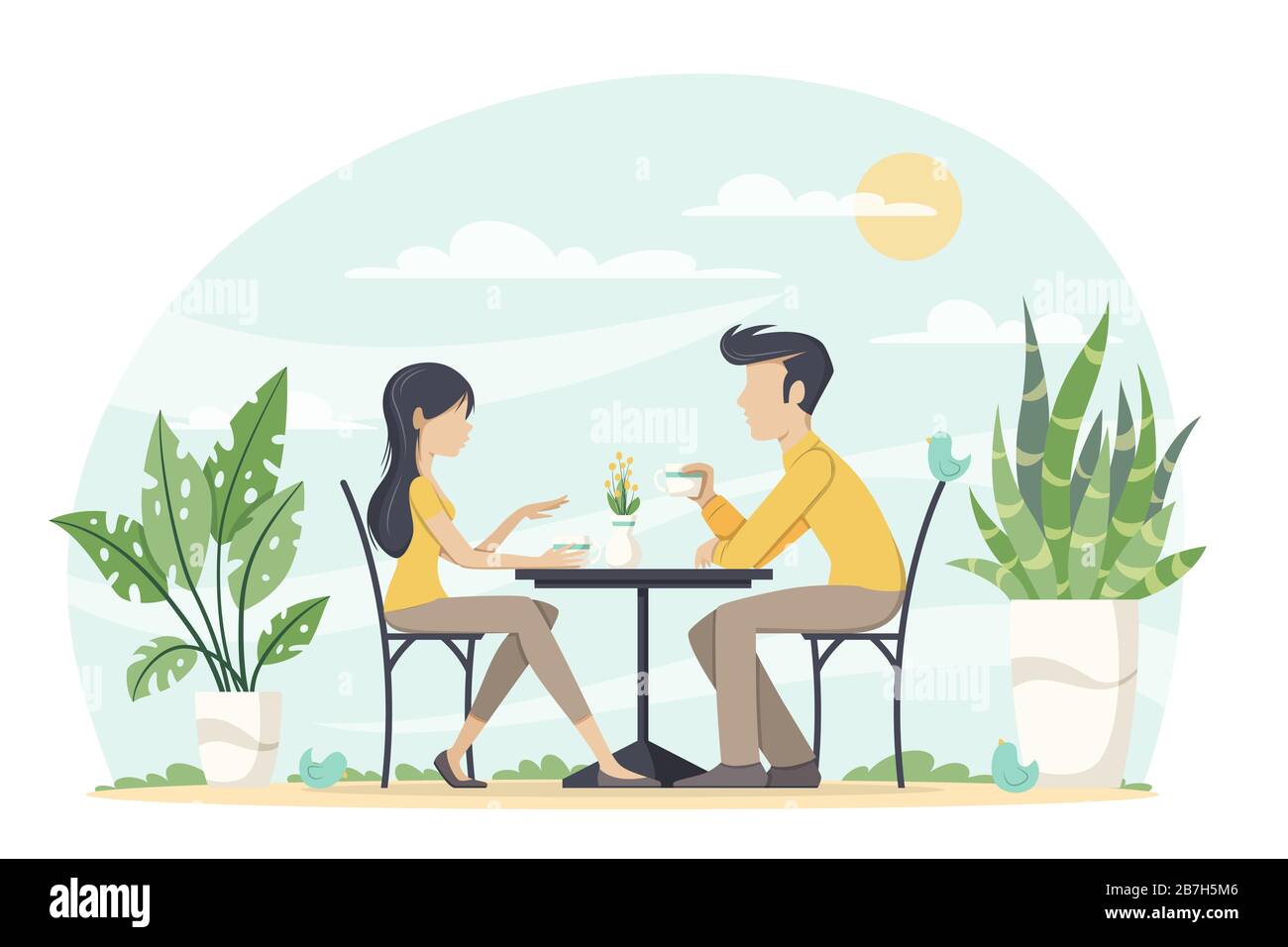 L'homme et la femme boivent du café à l'extérieur. Concept plat moderne pour l'espace de travail, le Web, l'arrière-plan et les modèles. Illustration vectorielle avec calques séparés. Illustration de Vecteur