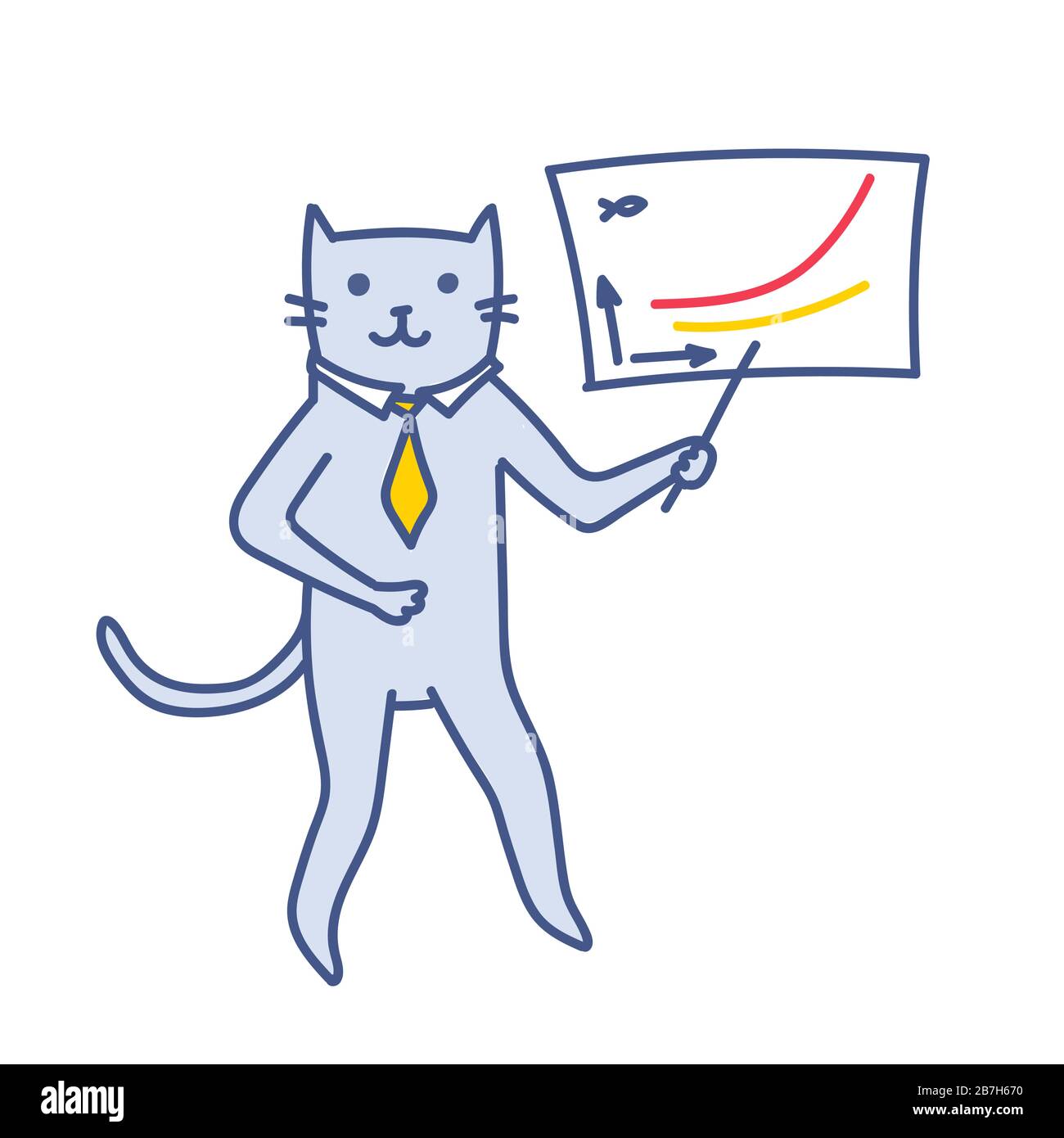 Illustration vectorielle de présentation commerciale. L'homme d'affaires Cat est un succès sur le graphique annuel des ventes de poissons. Un chat professionnel heureux présente le rapport annuel de l'entreprise Illustration de Vecteur