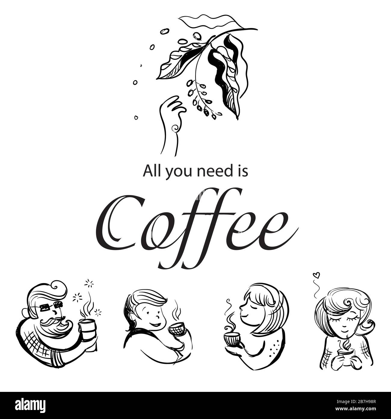Illustration vectorielle des caractères aimant le café isolé sur fond blanc. Tout ce dont vous avez besoin, c'est du café. Illustration de la consommation de CO Illustration de Vecteur