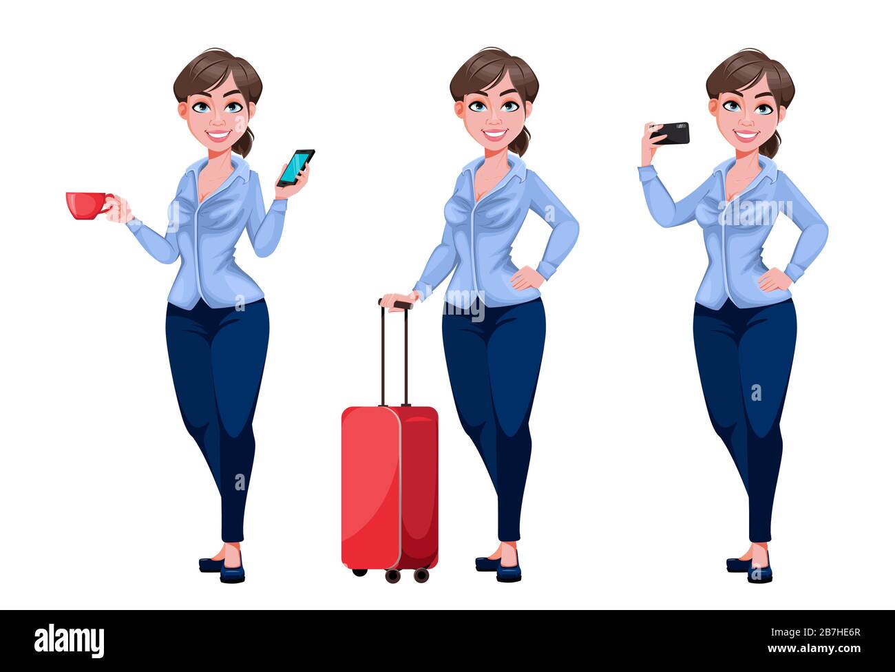 Jeune belle femme d'affaires personnage de dessin animé, jeu de trois poses. Jolie femme d'affaires en voyage. Illustration vectorielle sur fond blanc Illustration de Vecteur