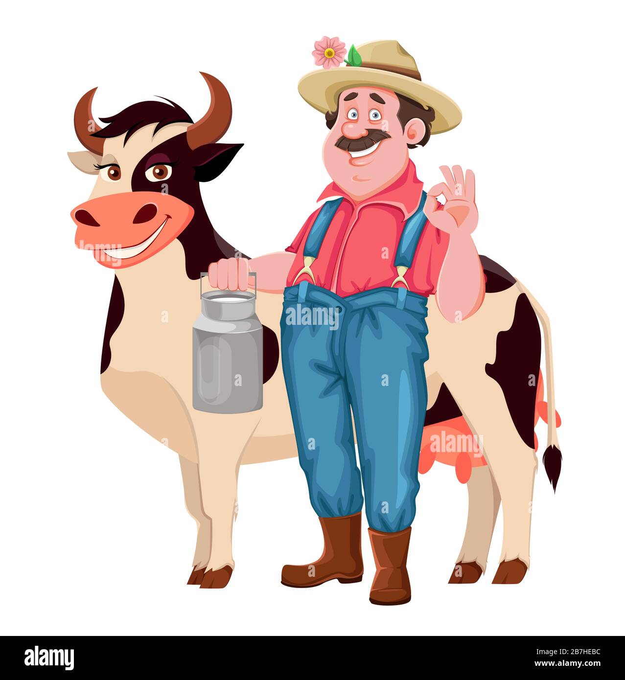 Personnage de dessin animé fermier. Fermier gai avec la vache et la cachette de lait. Vecteur de stock isolé sur blanc Illustration de Vecteur