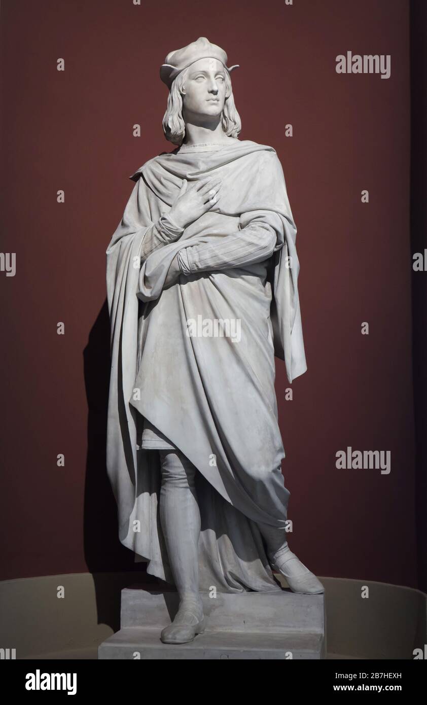 Statue de Raphaël du sculpteur allemand Ernst Julius Hähnel exposée dans la Gemäldegalerie Alte Meister (ancienne galerie de maîtres) à Dresde, Allemagne. Modèle en plâtre pour la statue sur la façade de la Semper Gallery (Sempergalerie) conçue en 1852 et retravaillée en 1869. Banque D'Images