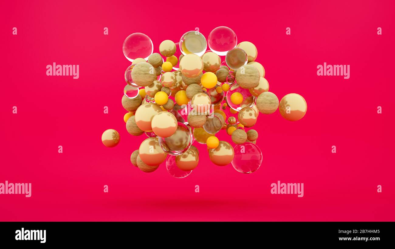 Abstrait coloré géométrique sur fond rose, boules multicolores, ballons, bois, verre, or, design minimaliste, décoration de fête, jouets en plastique, est Banque D'Images