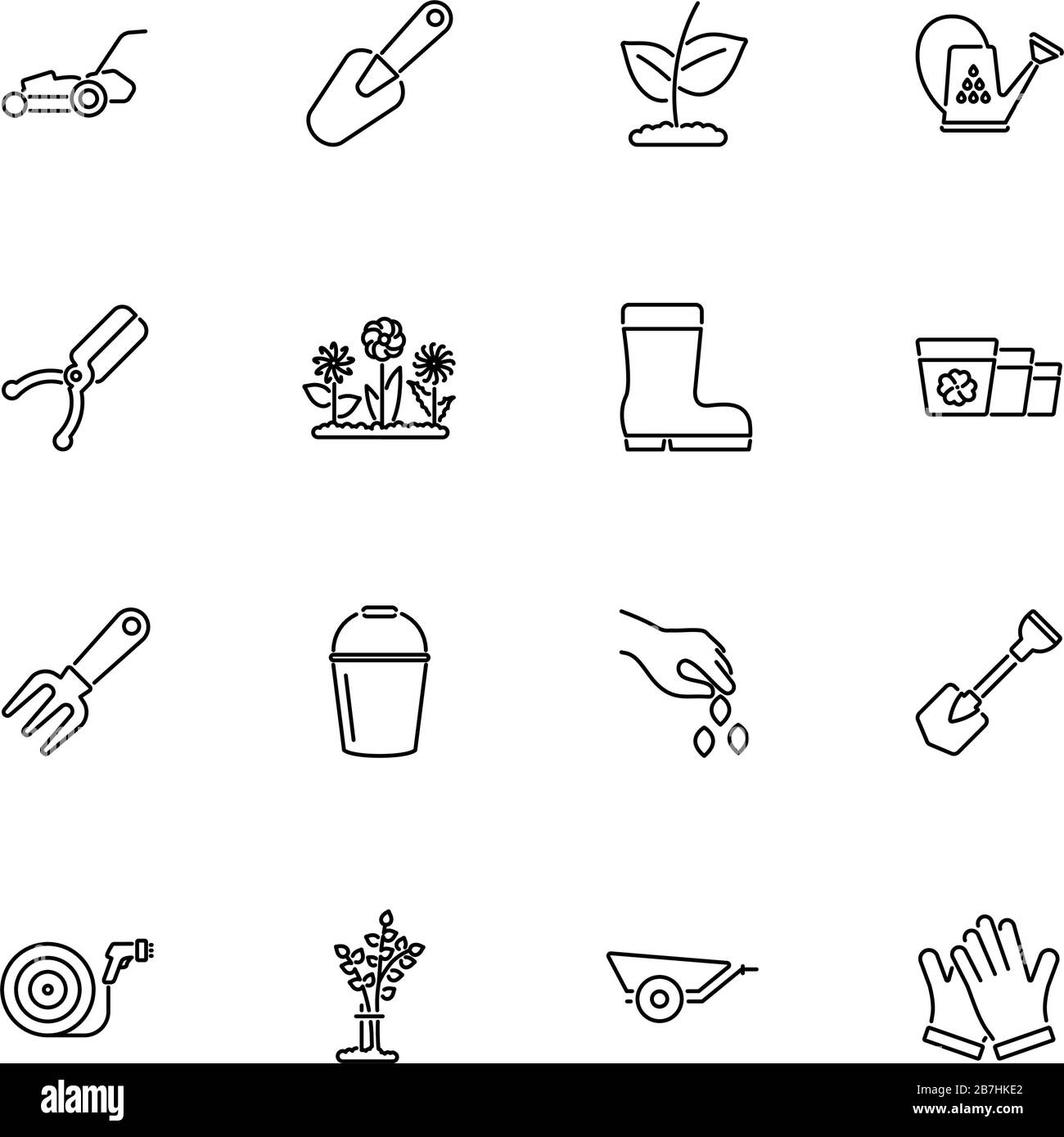 Jardin, icônes de contour de jardinage définies - symbole noir sur fond blanc. Communication, jardin, symbole d'illustration de jardinage - signe de simplicité doublé. Illustration de Vecteur