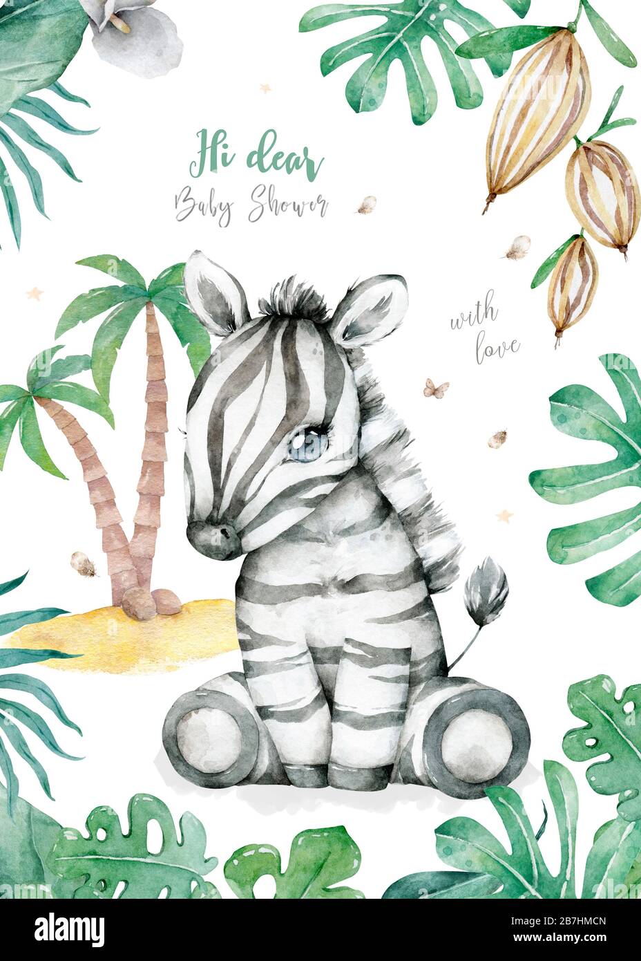 Carte De Douche De Bebe Zebra Avec Feuilles De Jungle Et Fond Dessin A La Main Aquarelle Dessin Anime Mignon Animal Photo Stock Alamy