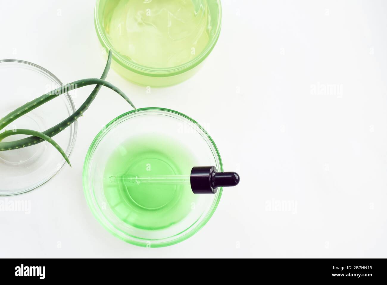 Gel d'aloès, feuilles d'aloe vera et sérum vert à partir d'ingrédients naturels sur fond blanc. Faire des cosmétiques à la maison. Banque D'Images