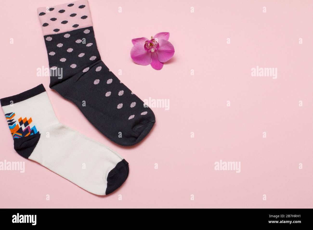 Chaussettes pour femmes et fleur d'orchidée rouge sur fond rose, vue du dessus avec espace de copie. Banque D'Images