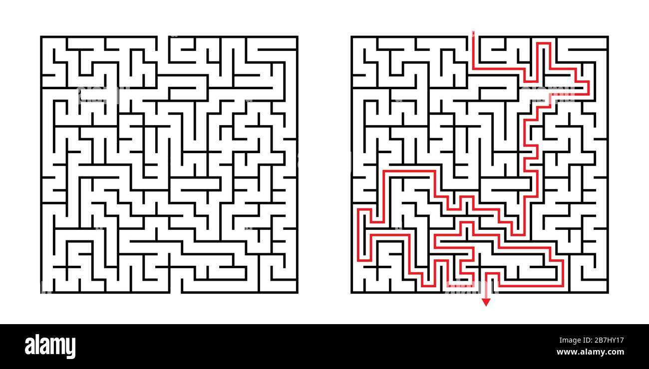 Vector Square Maze - Labyrinthe avec solution incluse en noir et rouge. Drôle de jeu de l'esprit éducatif pour la coordination, résolution de problèmes, prise de décision Illustration de Vecteur