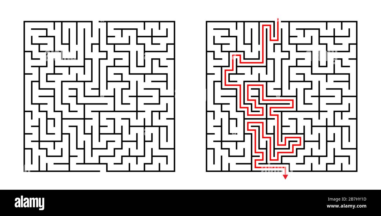 Vector Square Maze - Labyrinthe avec solution incluse en noir et rouge. Drôle de jeu de l'esprit éducatif pour la coordination, résolution de problèmes, prise de décision Illustration de Vecteur