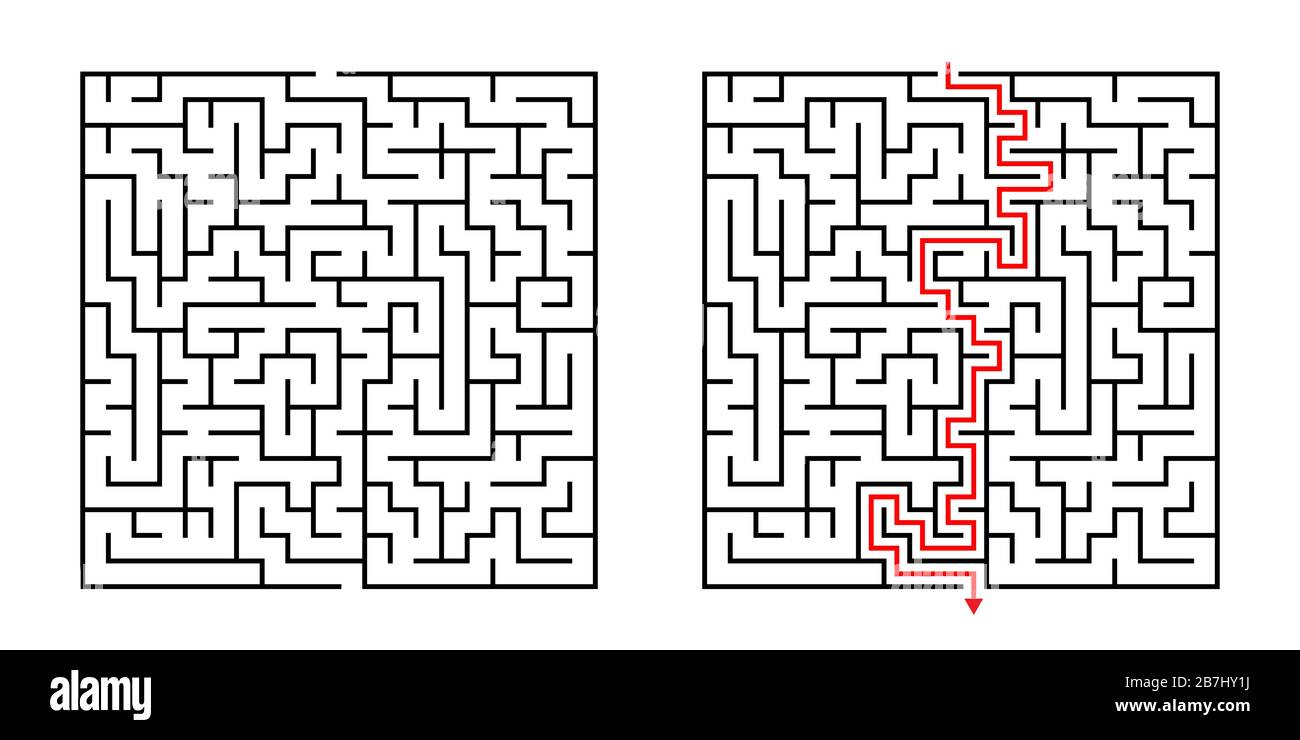 Vector Square Maze - Labyrinthe avec solution incluse en noir et rouge. Drôle de jeu de l'esprit éducatif pour la coordination, résolution de problèmes, prise de décision Illustration de Vecteur