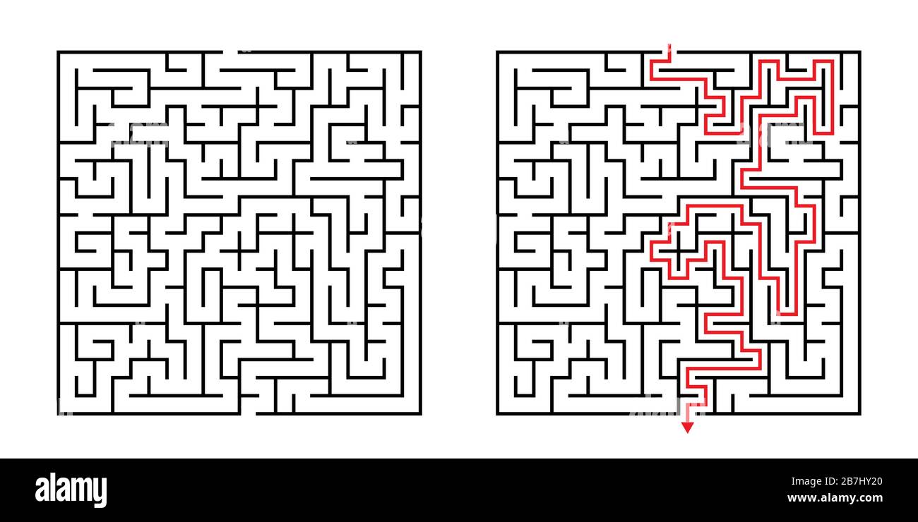 Vector Square Maze - Labyrinthe avec solution incluse en noir et rouge. Drôle de jeu de l'esprit éducatif pour la coordination, résolution de problèmes, prise de décision Illustration de Vecteur