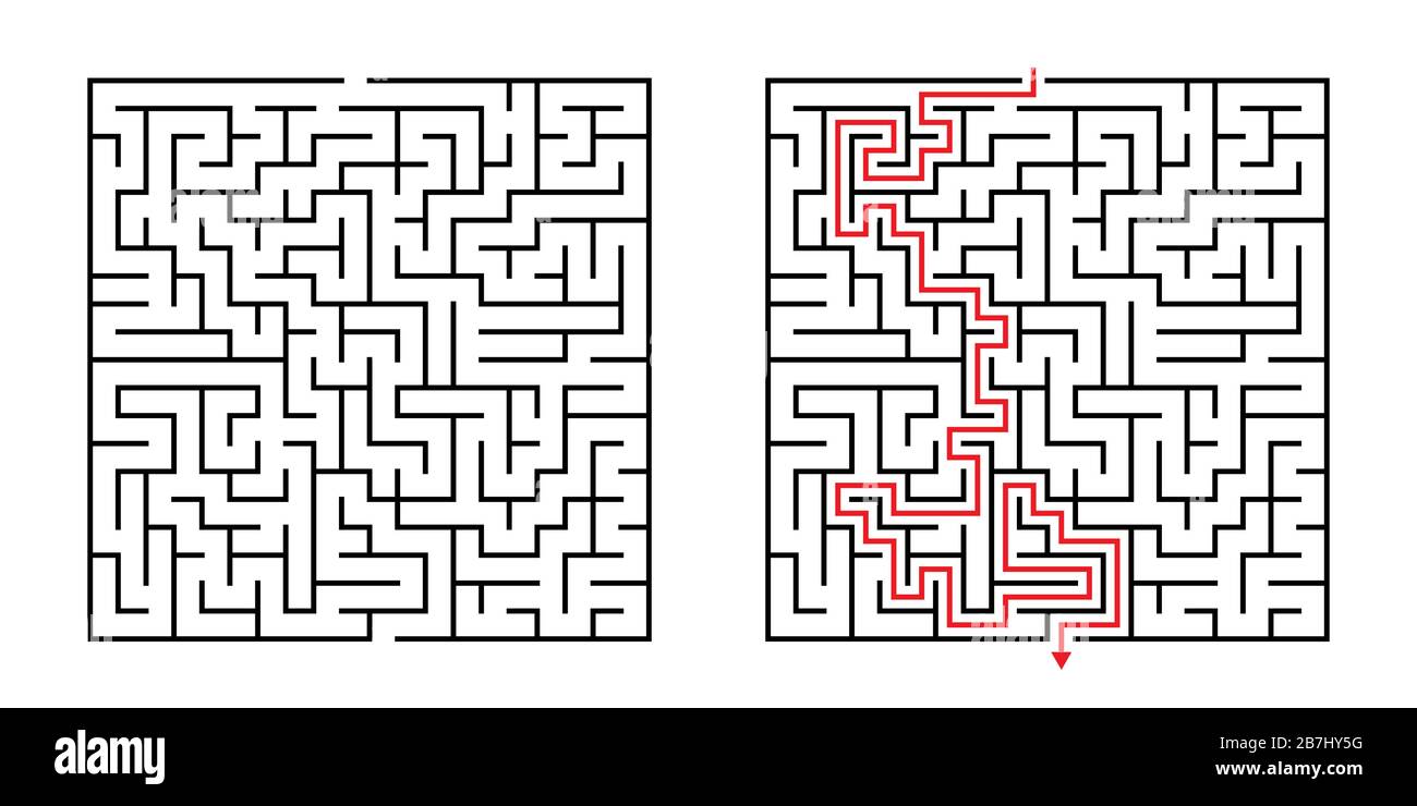 Vector Square Maze - Labyrinthe avec solution incluse en noir et rouge. Drôle de jeu de l'esprit éducatif pour la coordination, résolution de problèmes, prise de décision Illustration de Vecteur