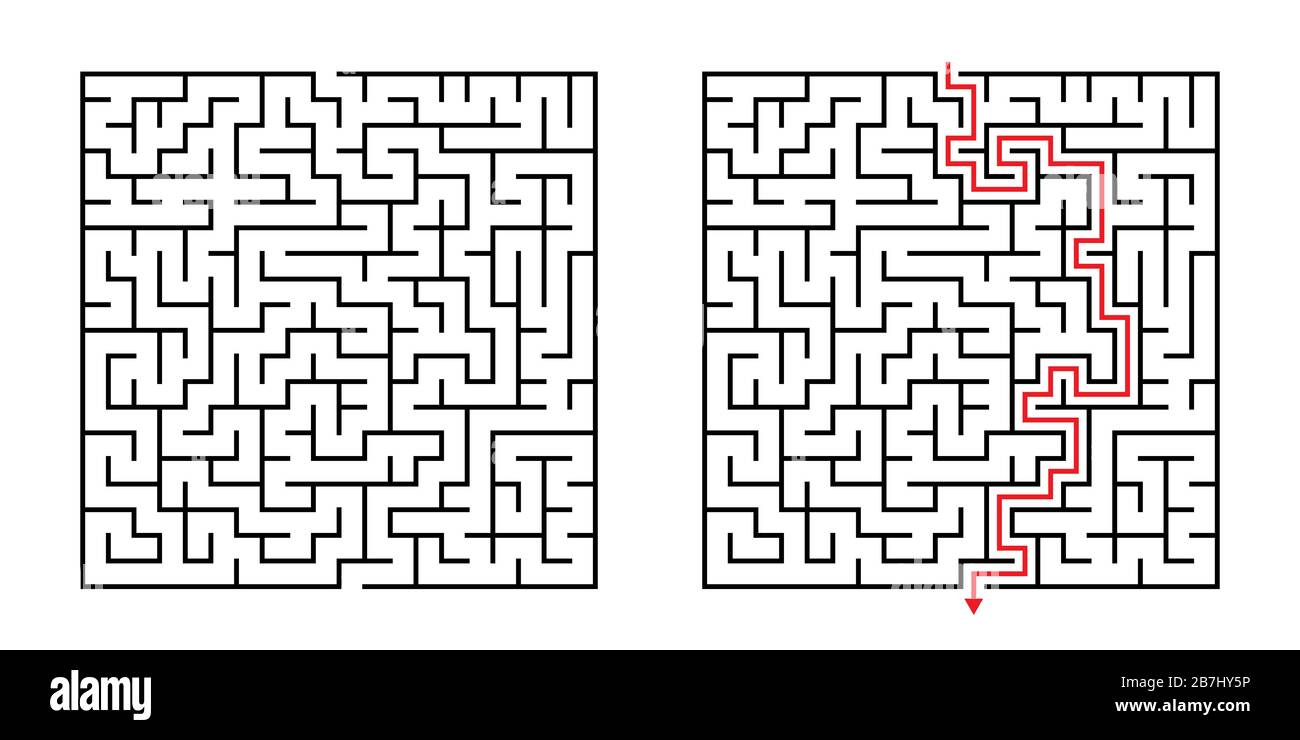 Vector Square Maze - Labyrinthe avec solution incluse en noir et rouge. Drôle de jeu de l'esprit éducatif pour la coordination, résolution de problèmes, prise de décision Illustration de Vecteur