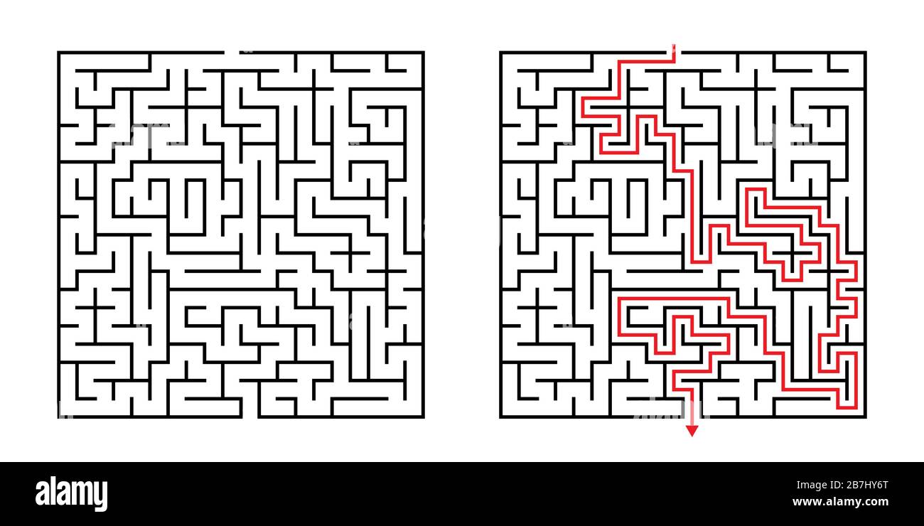 Vector Square Maze - Labyrinthe avec solution incluse en noir et rouge. Drôle de jeu de l'esprit éducatif pour la coordination, résolution de problèmes, prise de décision Illustration de Vecteur