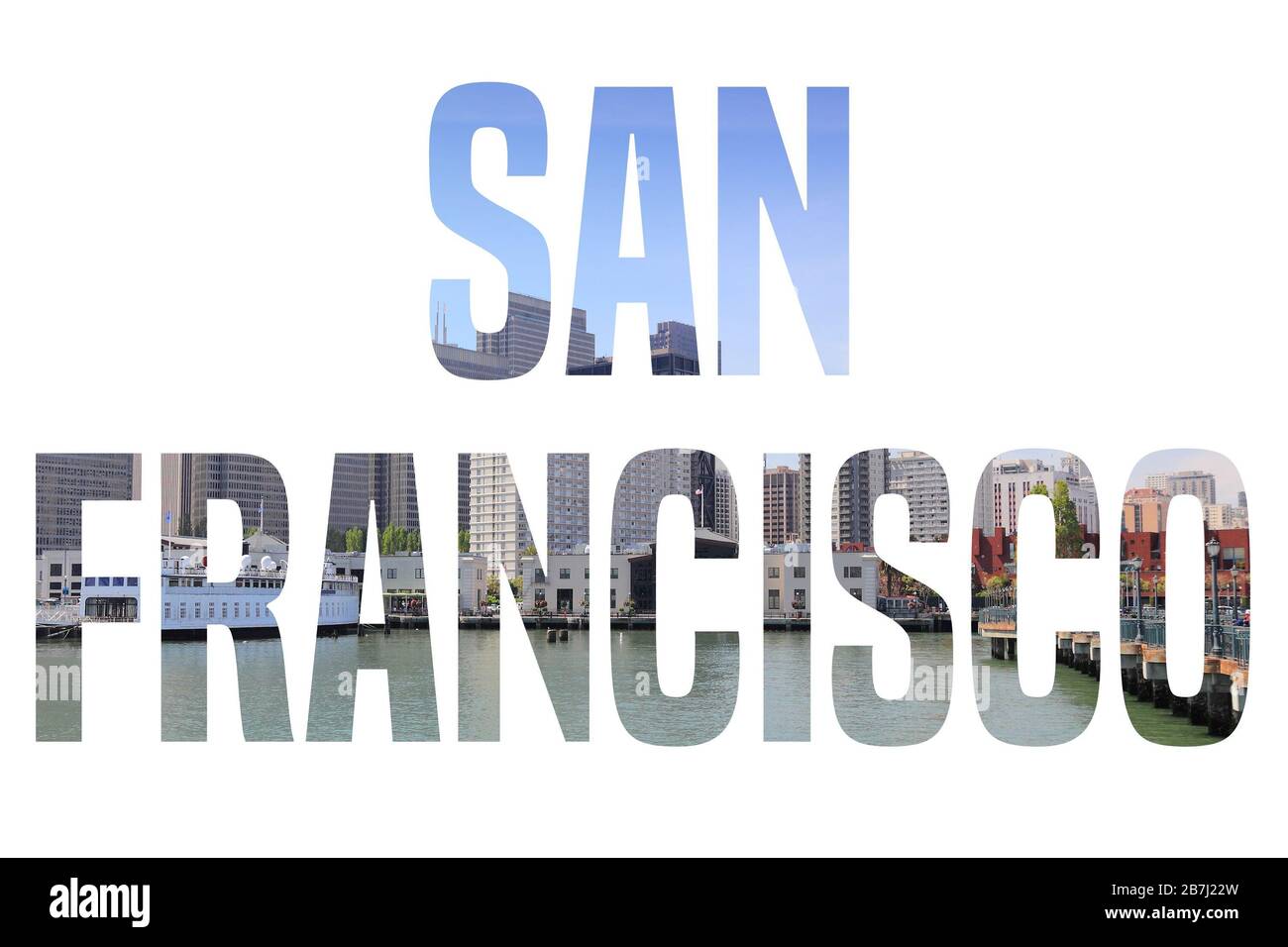 San Francisco, Californie - signe du nom de la ville avec photo en arrière-plan. Isolé sur blanc. Banque D'Images