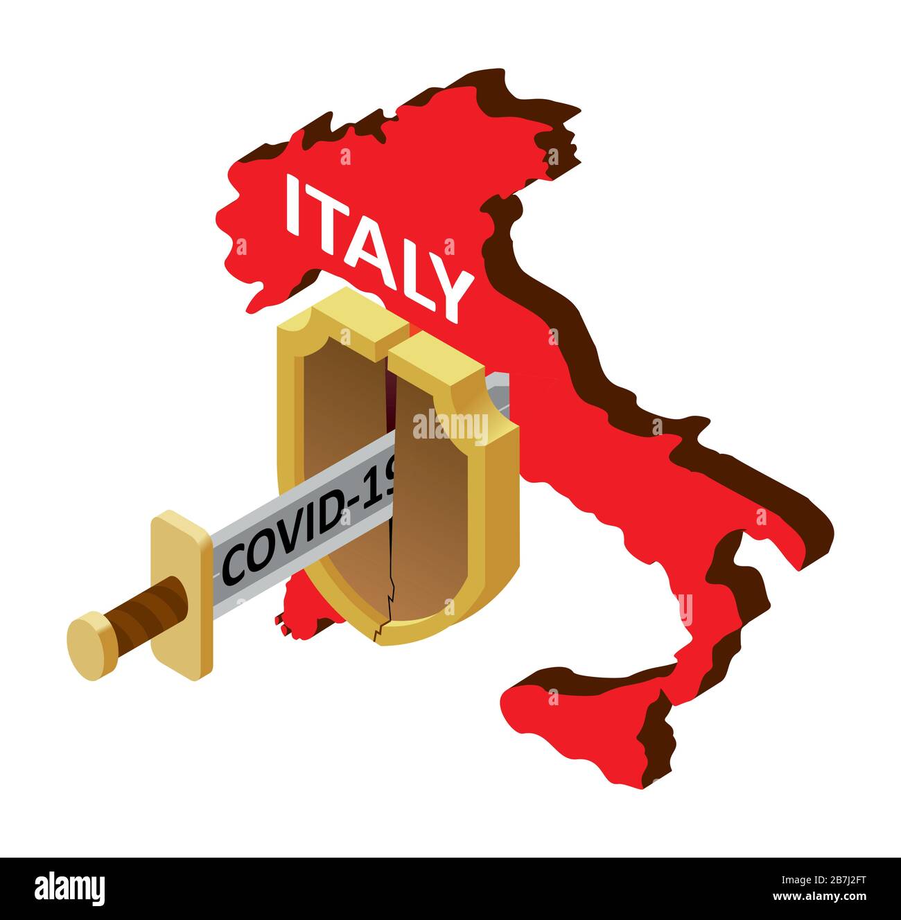 Le concept de coronavirus en Italie, il n'y a pas de protection contre 2019-nCov, covid-19, pandémie, infection. Carte vectorielle de l'Italie, un bouclier brisé, un Illustration de Vecteur