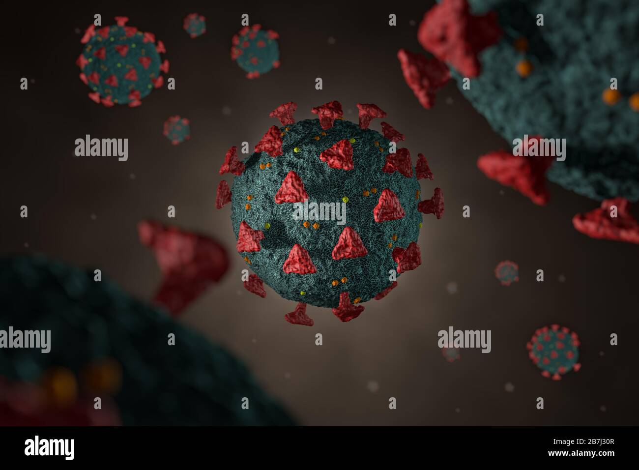 Illustration médicale détaillée modélisée par ordinateur du coronavirus Novel 2019-nCoV covid-19. Concept de protection contre la pandémie de virus. Science-fiction de microbiologie Banque D'Images