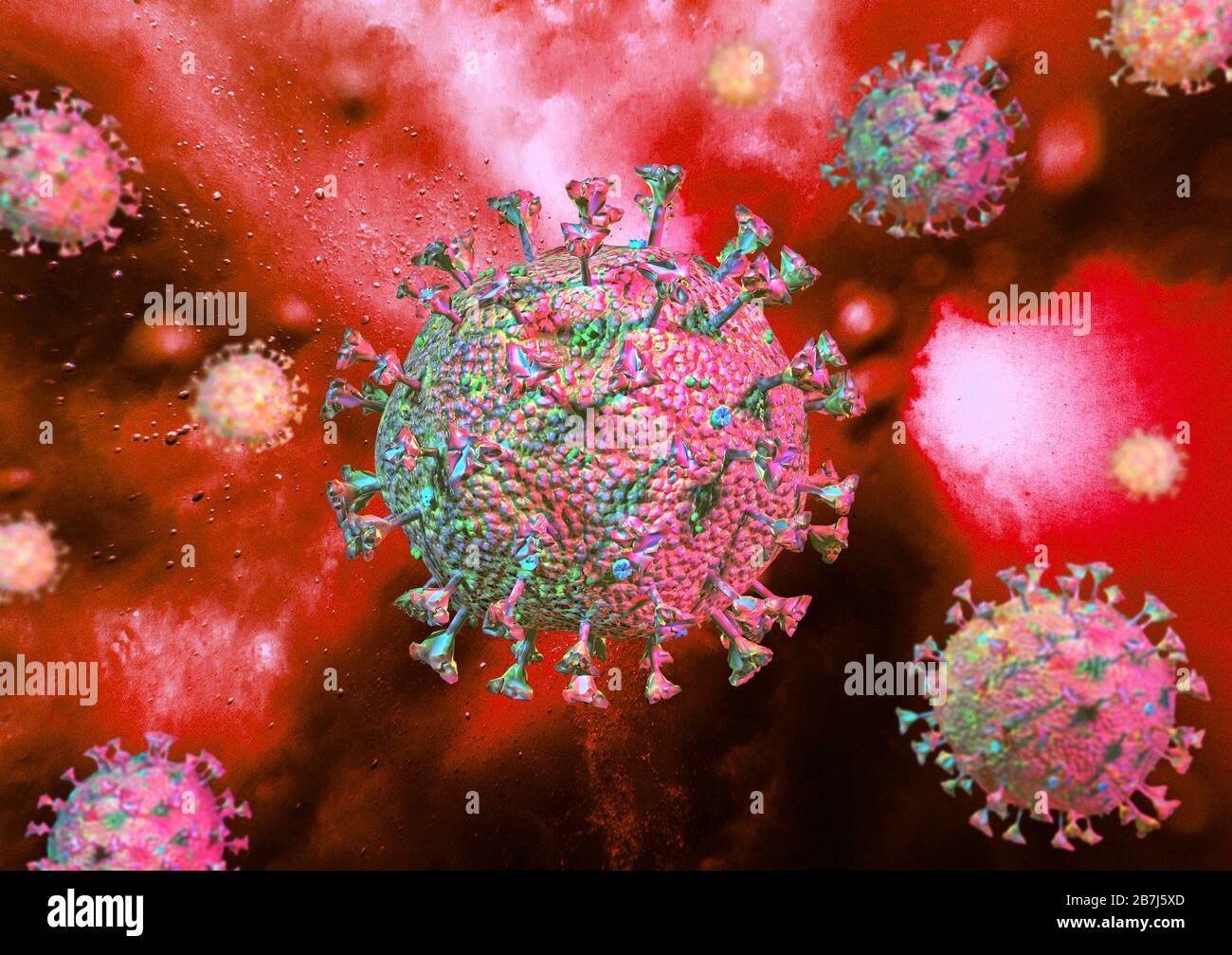 Scène du virus Corona avec structure détaillée. Sur fond rouge. rendu tridimensionnel. Banque D'Images