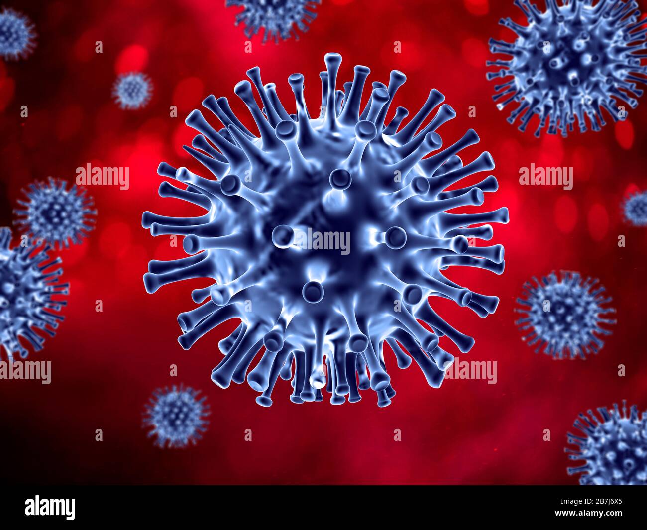 Scène du virus Corona. Sujets bleus sur fond rouge. Banque D'Images