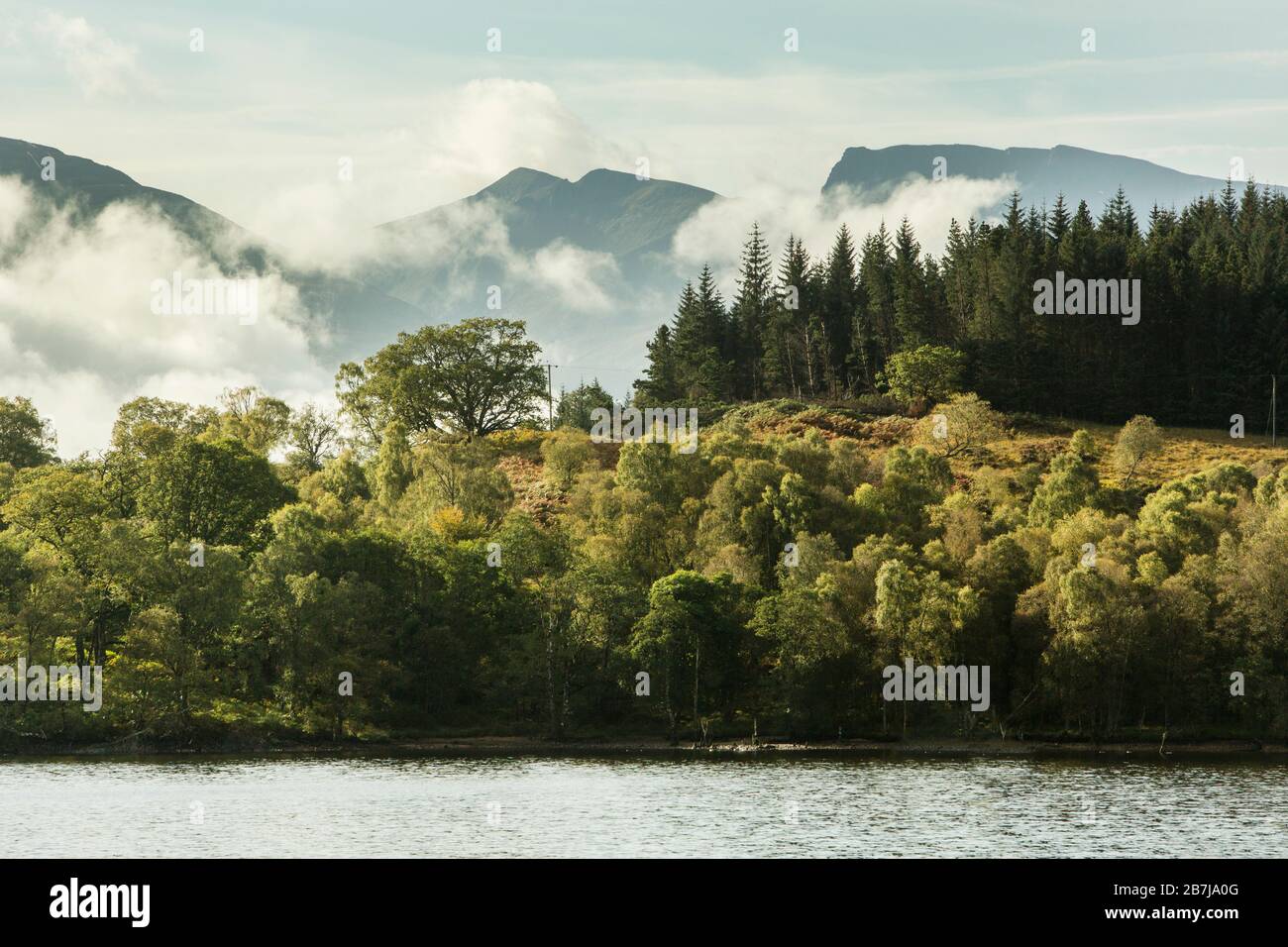 La face nord de Ben Nevis, la plus haute montagne de Grande-Bretagne, vue à travers le Loch Lochy, avec la forêt calédonienne, en automne, Gairlochy, Ecosse, Royaume-Uni Banque D'Images