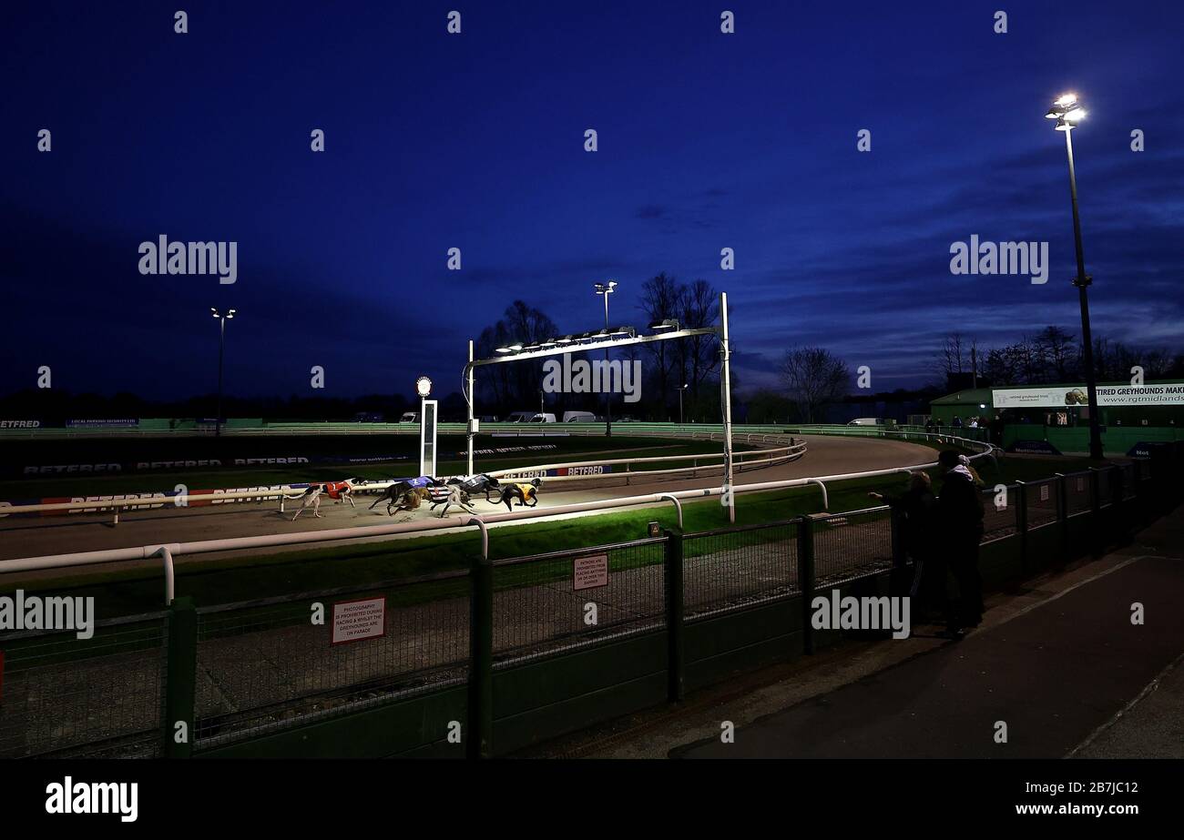 Les spectateurs regardent pendant la première course à Nottingham Greyhound Track, Nottingham. Banque D'Images