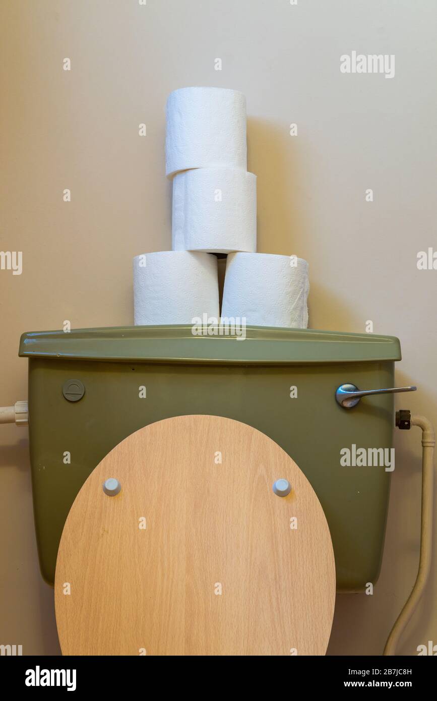 Rouleaux de papier toilette empilés sur une citerne à eau dans une salle de bains britannique Banque D'Images