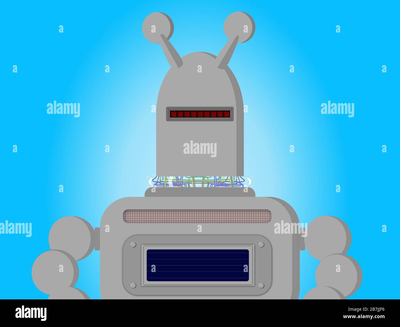 Robot gris futuriste avec antenne sur fond bleu. Sa goulotte montre le câblage. Il y a un affichage dans sa poitrine. Illustration de Vecteur