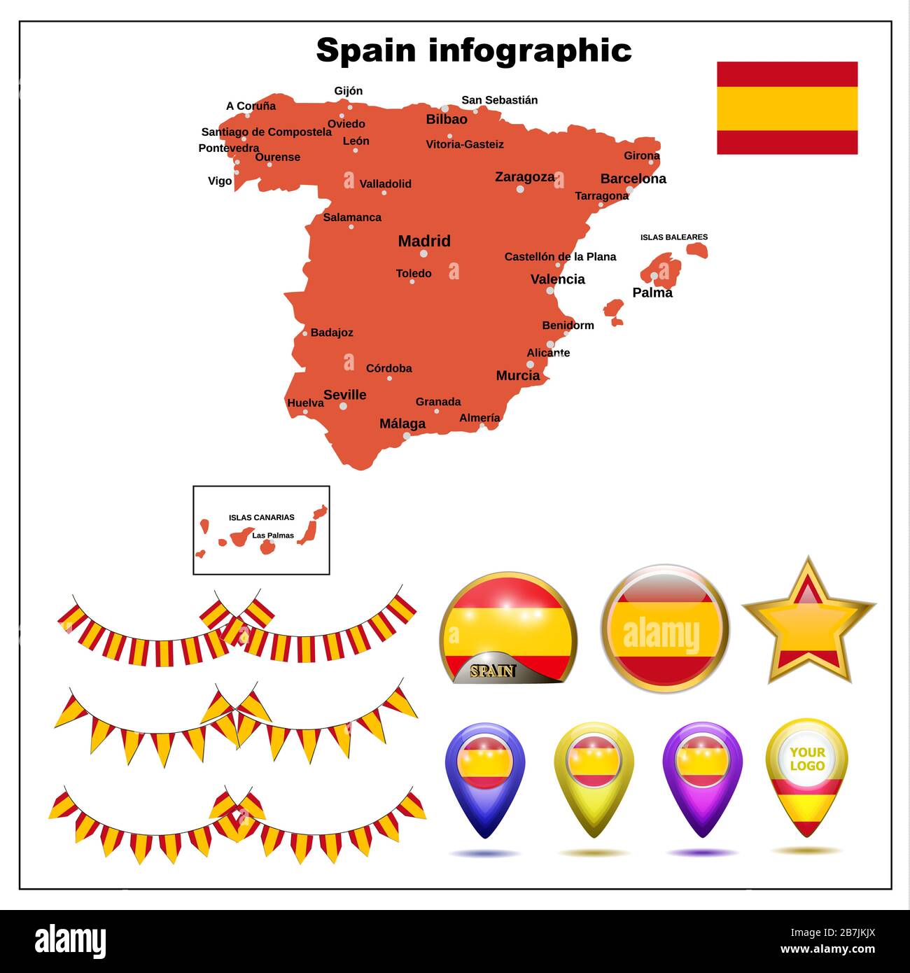 Carte De L Espagne Illustration Graphique Brillante Carte De L Espagne Avec Les Principales Villes Et Regions Espagnoles Definissez L Illustration A L Aide De La Carte Du Drapeau Des Boutons Et Des Boutons Web De