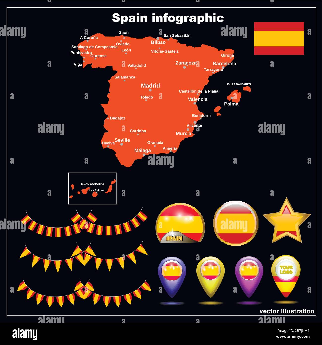 Carte De L Espagne Illustration Graphique Brillante Carte De L Espagne Avec Les Principales Villes Et Regions Espagnoles Definissez L Illustration A L Aide De La Carte Du Drapeau Des Boutons Et Des Boutons Web De