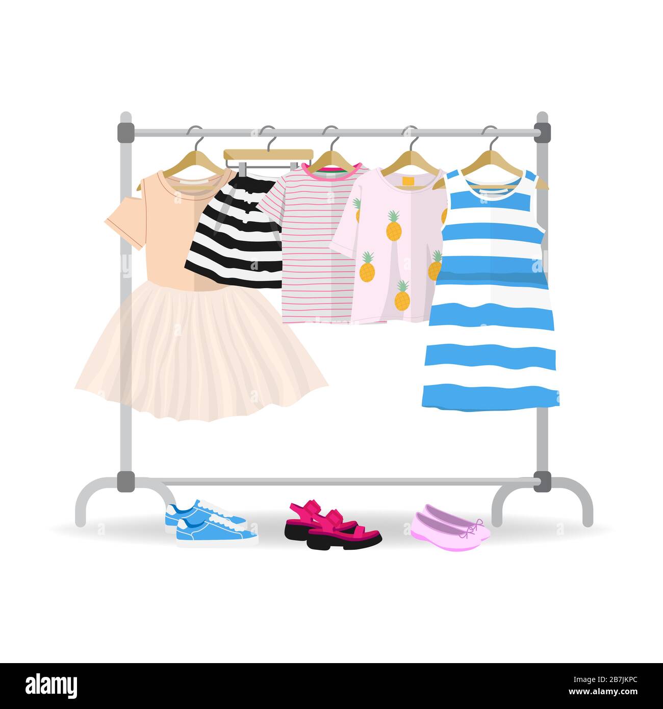 Rack avec des vêtements colorés pour enfants d'été suspendus sur des cintres Illustration de Vecteur